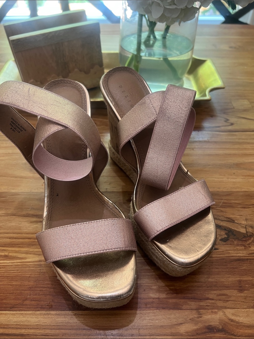 ASOS Women’s Pink Rose Gold  Metallic Wedge Sandals with Strappy Elastic Upper